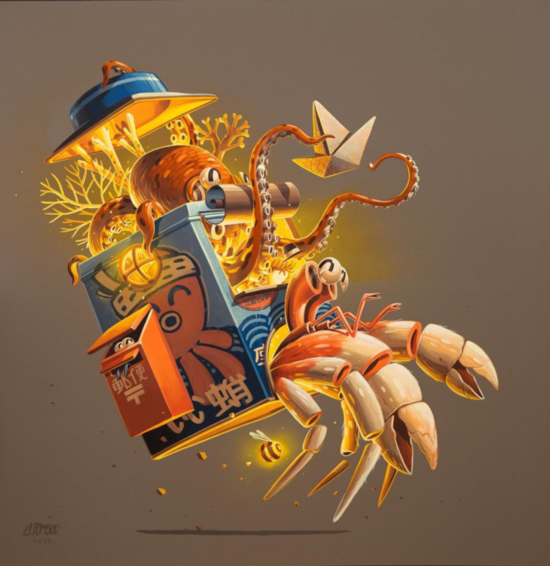 نقاشی سوررئال رنگارنگ از خرچنگ نارنجی