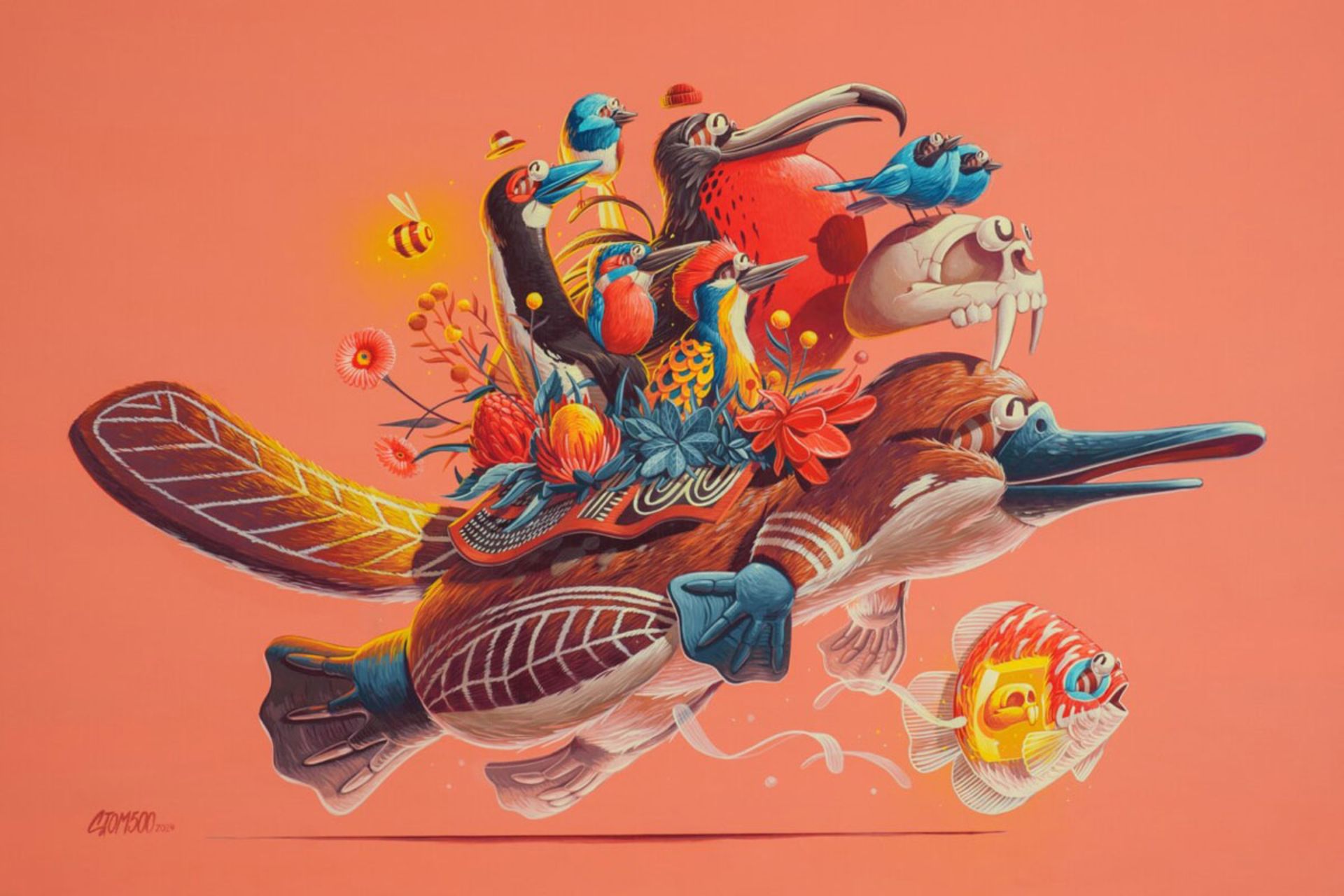 نقاشی سوررئال رنگارنگ پرندگان