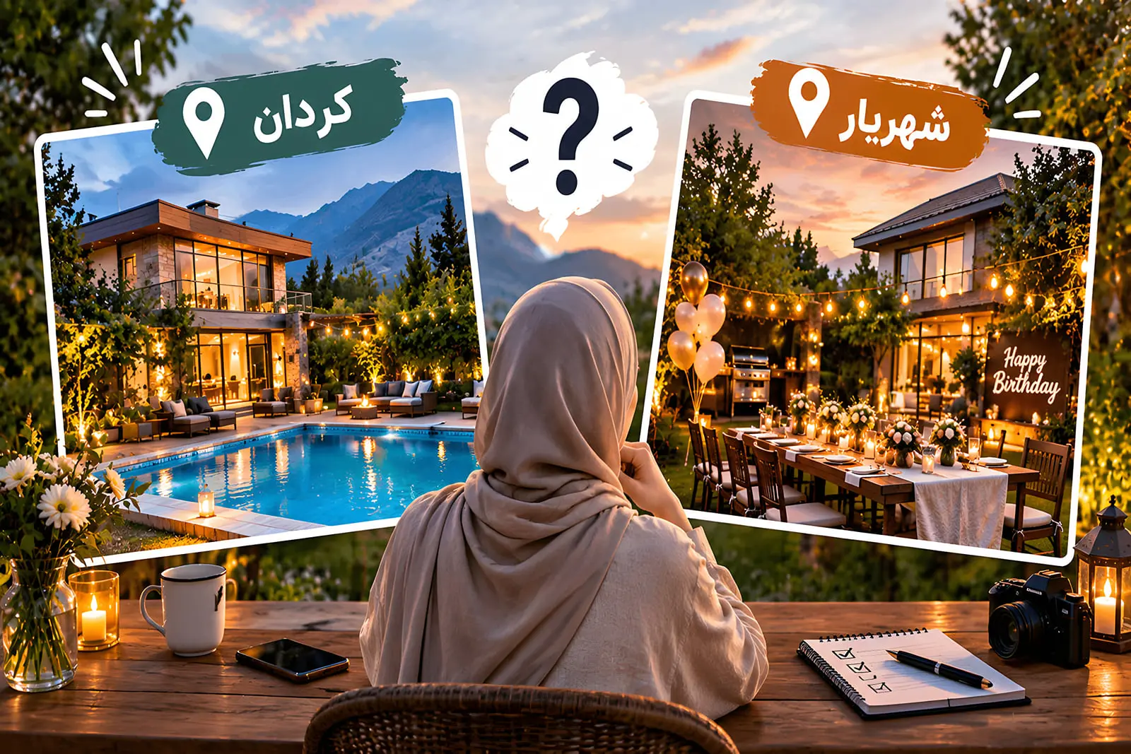 مقایسه دو ویلای لوکس با استخر در کردان و میز شام تولد در شهریار