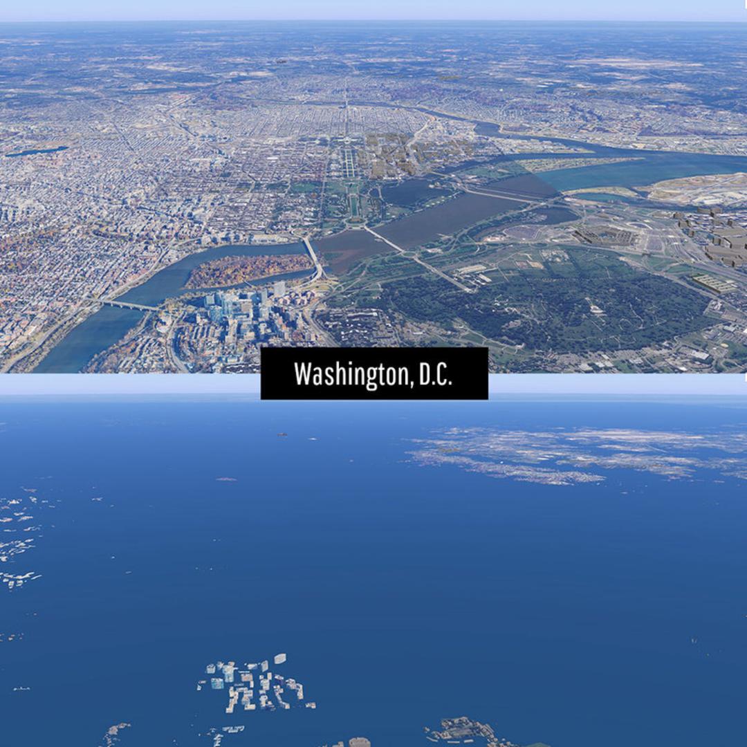 نمای هوایی از شهر واشینگتن دی‌سی (Washington, D.C.) در اثر بالا آمدن سطح آب